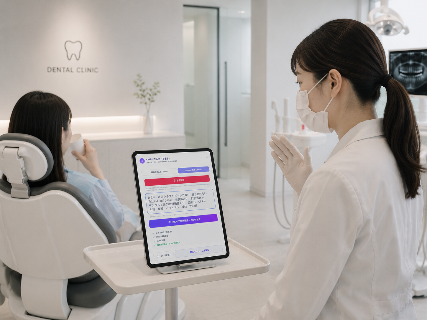 歯科診療室のチェアサイドに置かれた iPad に向かって、白衣の歯科医師が話しかけている様子。患者さんはチェアに座っている。